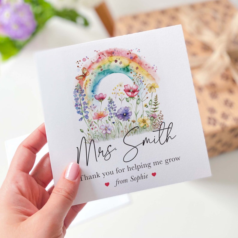 Teacher thank you card with rainbow and flowers Helping me grow End of year school Preschool Nursery Primary Teacher Appreciation gift card