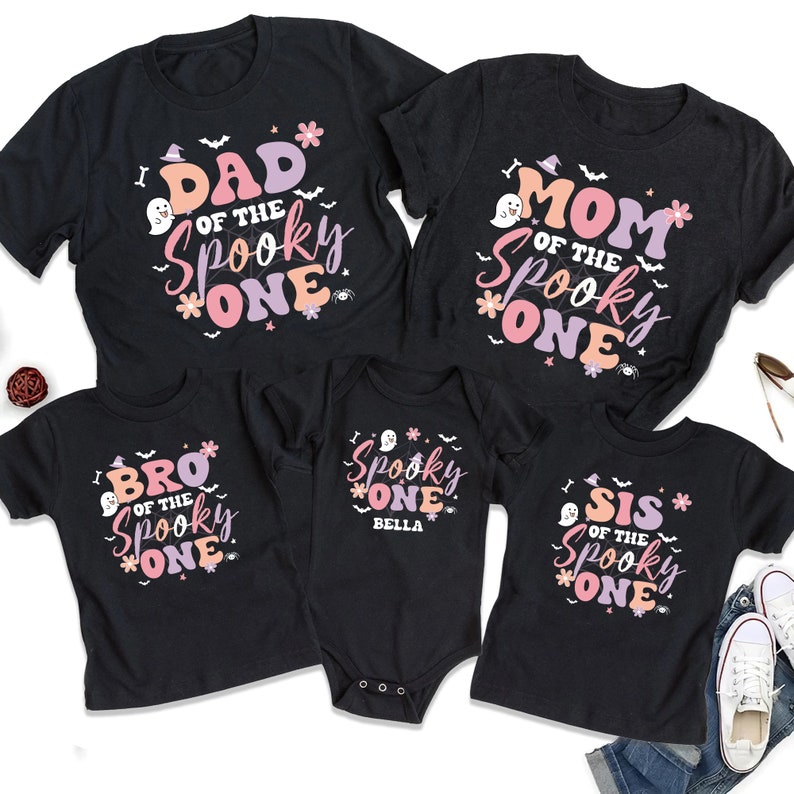 Custom Halloween Birthday Shirt Personalized Ghoul Kids Shirt, Dad Mom of The Spooky One Retro Halloween Ghost 1st Bday Shirt