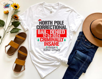 Custom North Pole Correctional Christmas 2024 Shirt, Bail Denied 12-24-2024 shirts, North Pole Christmas Matching Family Tshirt, Funny Tees