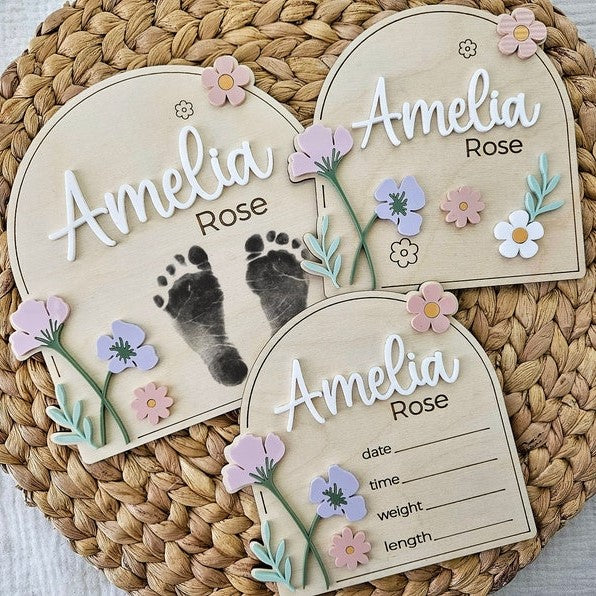 Wildflower Baby Name Sign | Newborn Birth Announcement Name Plaque | Arch Baby Arrival Hospital Sign | Newborn Footprint Plaque