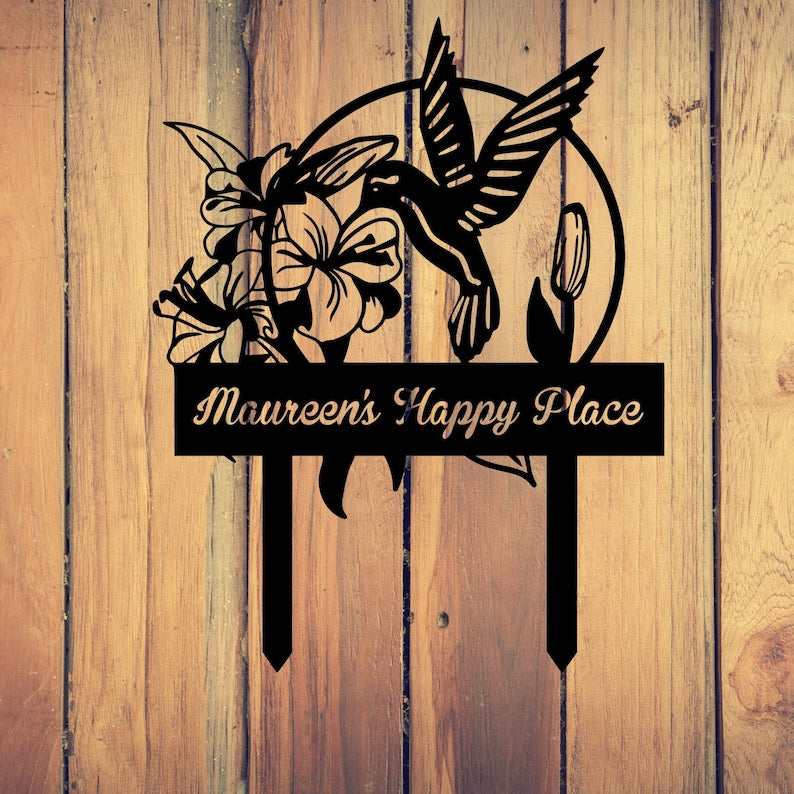 Custom Hummingbird Metal Garden Decor, Bird with Stakes Garden Sign,Flower Design Personalized Garden Sign,Custom Garden Name Sign,Home Gift