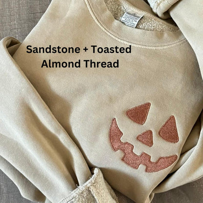 Halloween Pumpkin Face Crewneck Sweatshirt, Embroidered Jackolantern Pullover, Tonal Spooky Season Sweater, Trendy Fall Apparel, Unisex