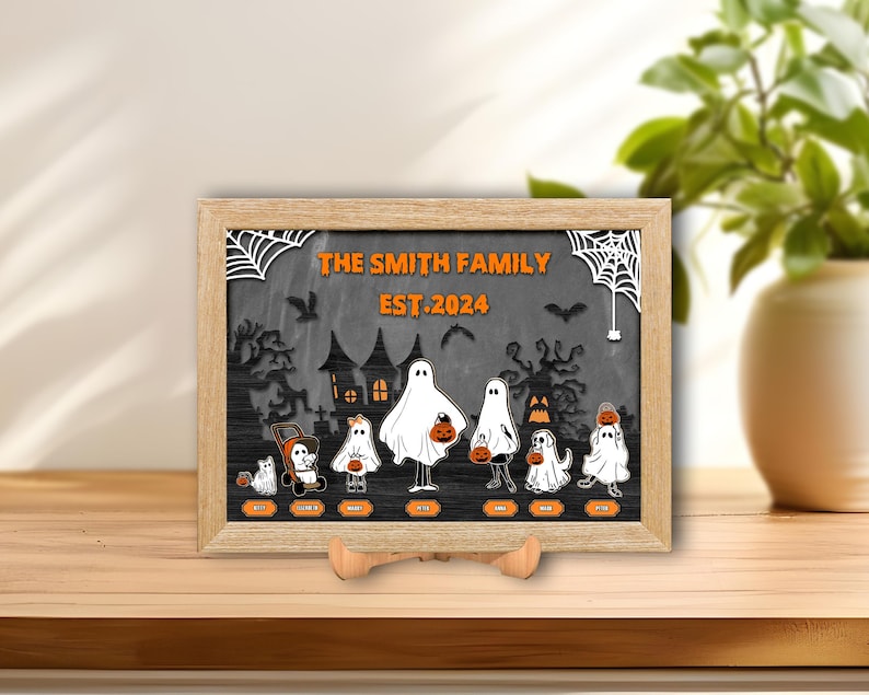 Customized Ghost Family Sign, Personalized Halloween Family Portrait with Pets Printable, Family Portrait Frame, Halloween Wall Art