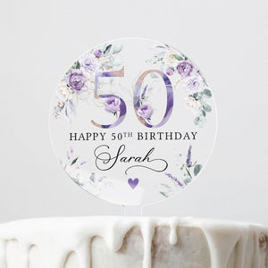 Personalised Happy Birthday Cake Topper, Purple Floral Cake Topper, 18th 21st 30th 40th 50th Birthday, Clear Cake Topper, Birthday Name