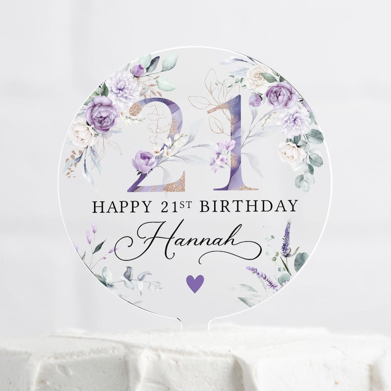 Personalised Happy Birthday Cake Topper, Purple Floral Cake Topper, 18th 21st 30th 40th 50th Birthday, Clear Cake Topper, Birthday Name