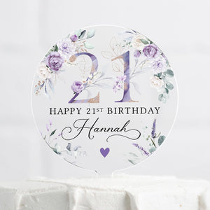 Personalised Happy Birthday Cake Topper, Purple Floral Cake Topper, 18th 21st 30th 40th 50th Birthday, Clear Cake Topper, Birthday Name