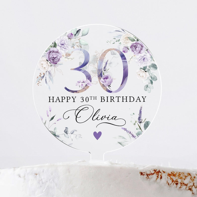 Personalised Happy Birthday Cake Topper, Purple Floral Cake Topper, 18th 21st 30th 40th 50th Birthday, Clear Cake Topper, Birthday Name