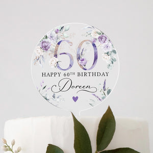 Personalised Happy Birthday Cake Topper, Purple Floral Cake Topper, 18th 21st 30th 40th 50th Birthday, Clear Cake Topper, Birthday Name