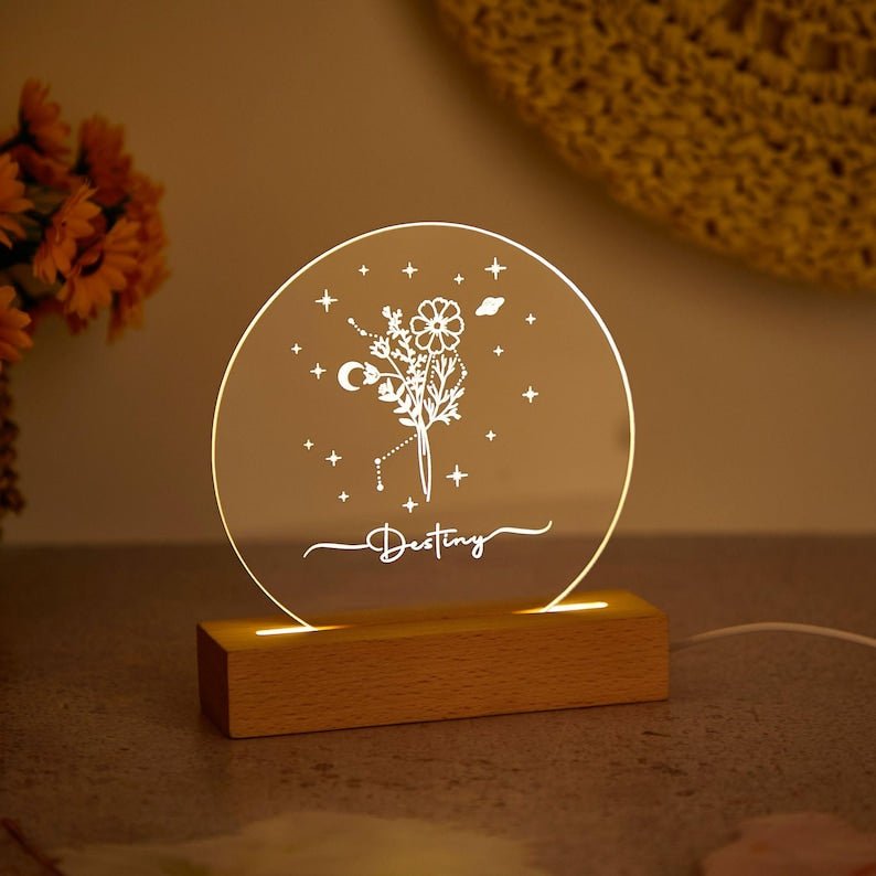 Personalized Night Lamp with Birth Flower, Birth Flower Night Light, Birthday Gift, Custom Night Light with Name, Anniversary Gift