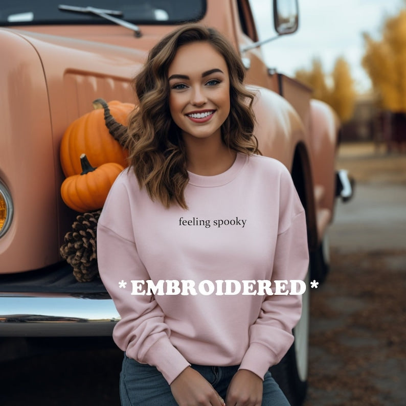 Feeling Spooky, Embroidered Crewneck, Cute Fall Tee, Sweater Weather, Spooky Season, Salem Witch, Embroidery, Gift for her, Minimalistic il_794xN.6162495054_or2d.jpg