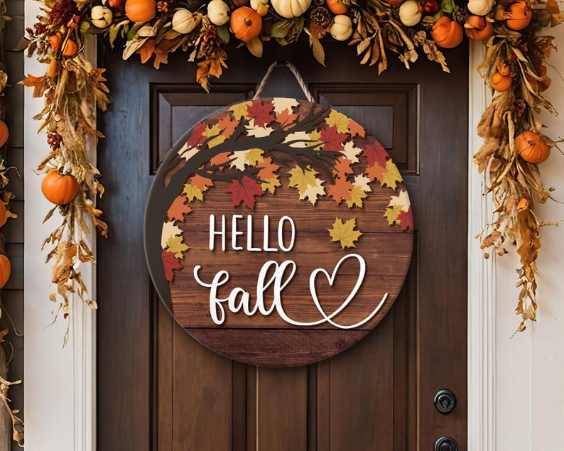 Hello Fall Door Sign, Autumn Door Hanger, Fall Welcome Sign, Autumn Decor, Thanksgiving Front Door Decor, Fall Wreath, Fall Home Decor