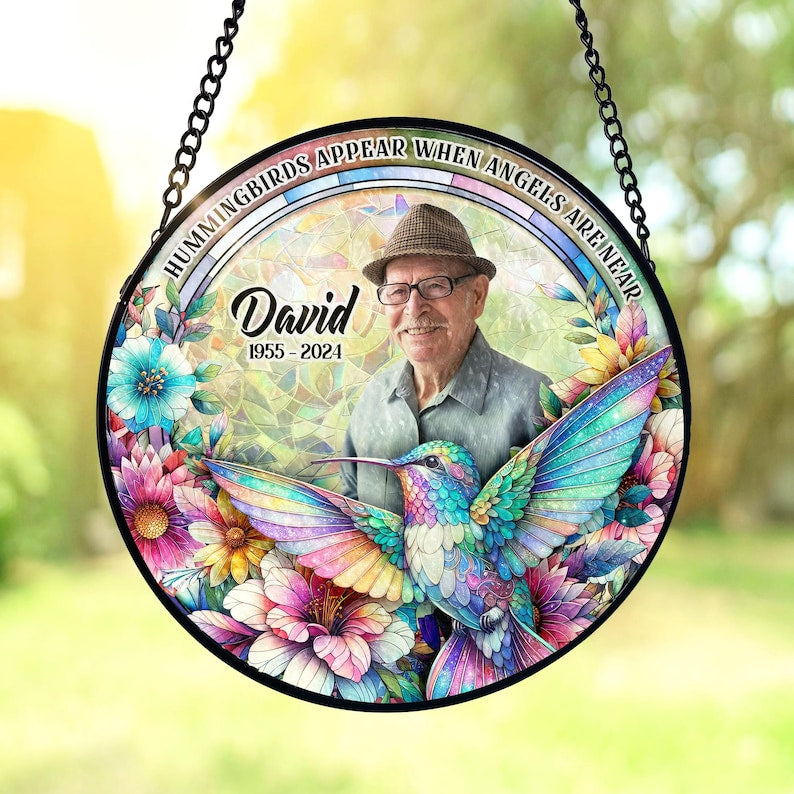 Hummingbirds Appear When Angels Are Near - Personalized Photo Stained Glass Window Hanging Suncatcher, Indoor Decor, Window Hanging