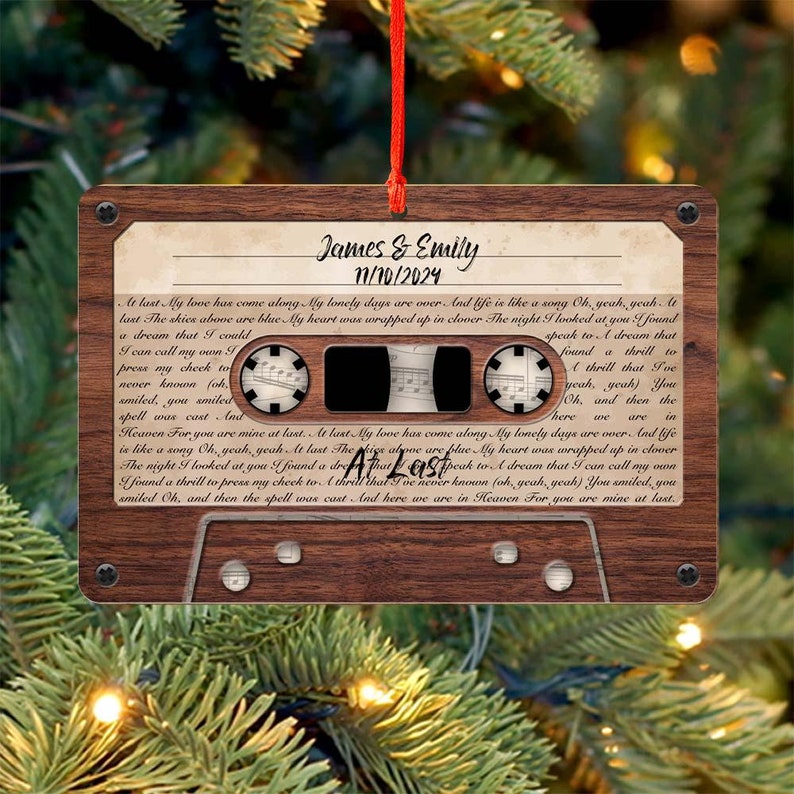 Custom Song Photo Ornament, Custom Together ornament, Smart Ornament, Couple Song Ornament. Wooden Cassette Tape Ornament, Lyrics Gift
