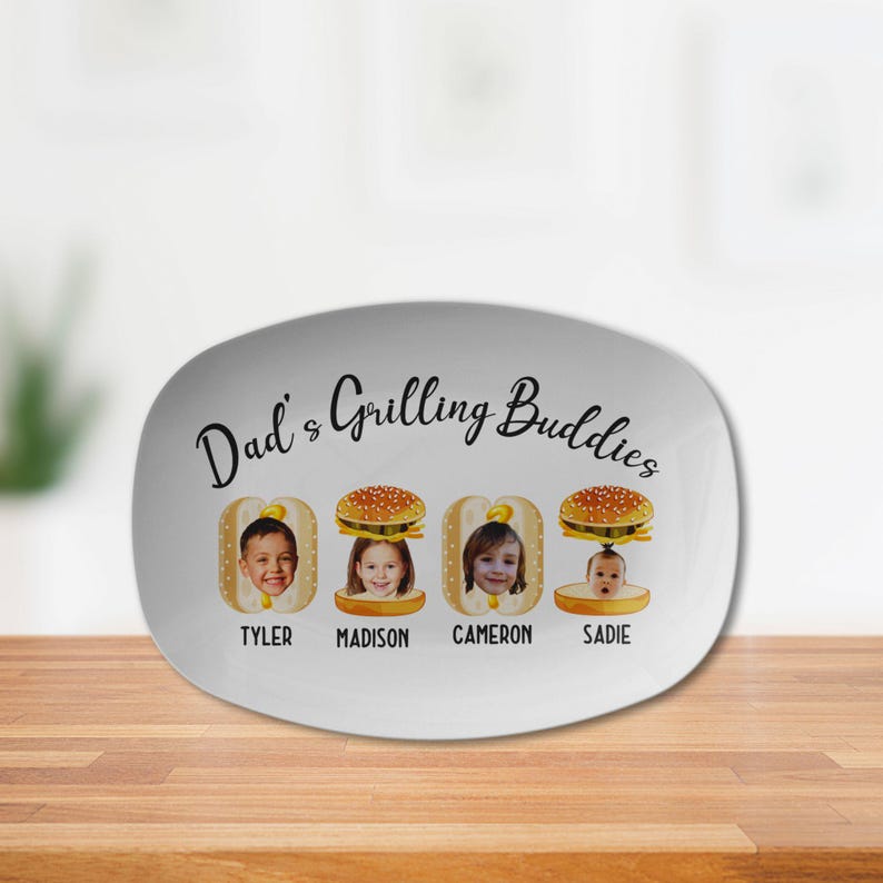 Personalized Daddy's Grilling Plate with Kid's Photos and Names on Burger, Hot Dog, Custom Gift for Dad, Grandpa, Memorable Keepsake