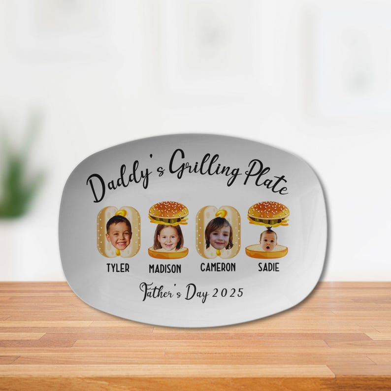 Personalized Daddy's Grilling Plate with Kid's Photos and Names on Burger, Hot Dog, Custom Gift for Dad, Grandpa, Memorable Keepsake