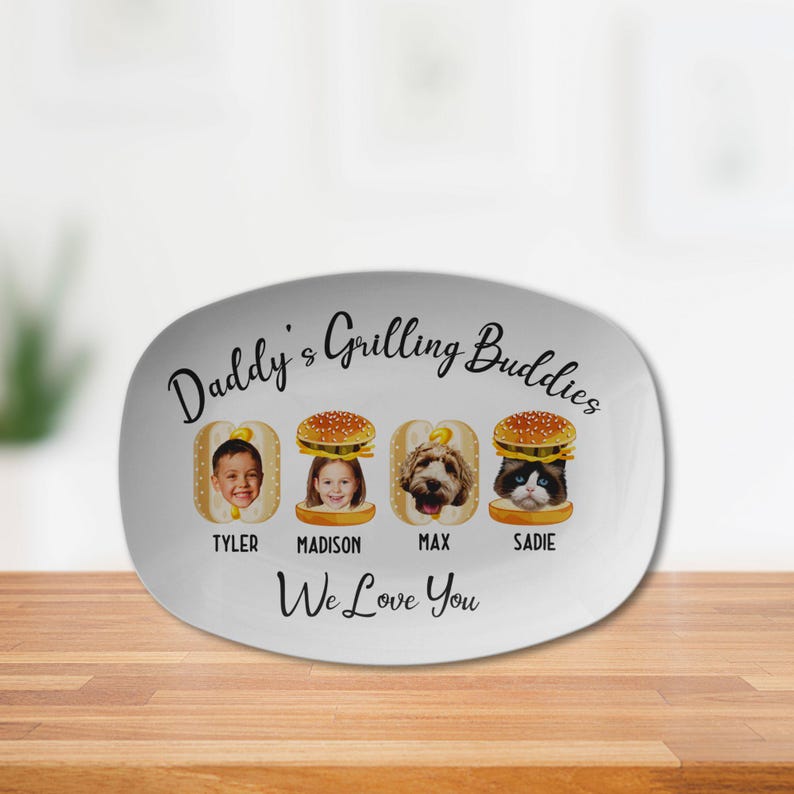 Personalized Daddy's Grilling Plate with Kid's Photos and Names on Burger, Hot Dog, Custom Gift for Dad, Grandpa, Memorable Keepsake