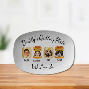 Personalized Daddy's Grilling Plate with Kid's Photos and Names on Burger, Hot Dog, Custom Gift for Dad, Grandpa, Memorable Keepsake