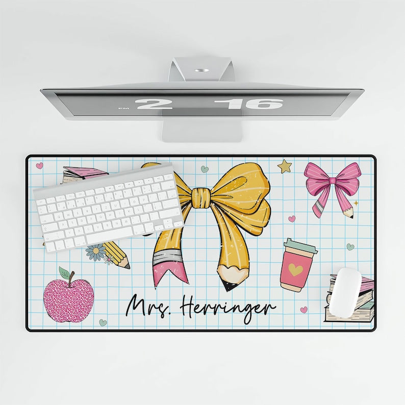 Teacher Pencil Bow Mouse Pad, Funny Teacher Desk Mat, Personalized Gift for Teacher, Classroom Decor, World's Best Teacher, Teacher Desk Mat