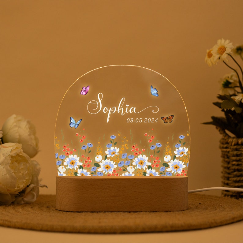 Personalized Name Night Lamp with Wildflower, Custom Baby Bedroom Led Lamp, Baby Shower Gift, Birthday Gift for Kids, Newborn Chirstmas Gift