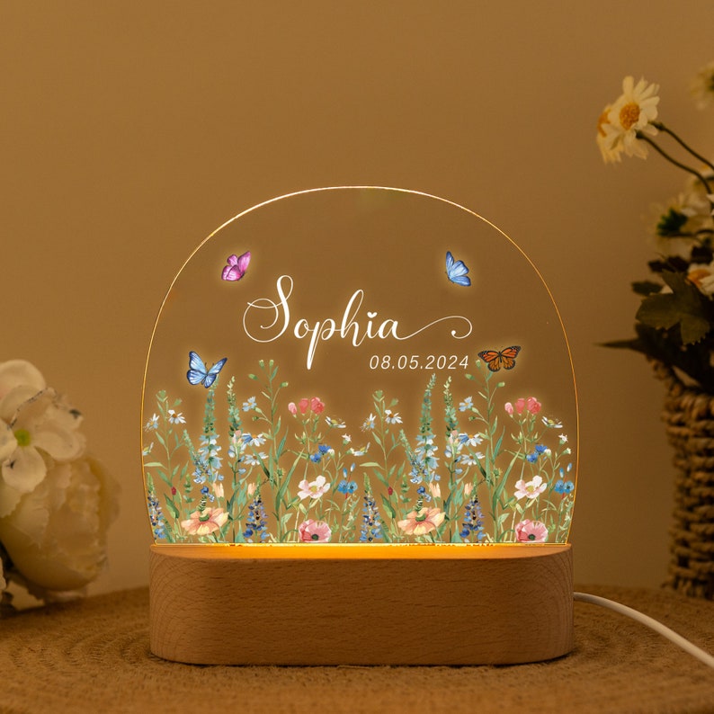 Personalized Name Night Lamp with Wildflower, Custom Baby Bedroom Led Lamp, Baby Shower Gift, Birthday Gift for Kids, Newborn Chirstmas Gift