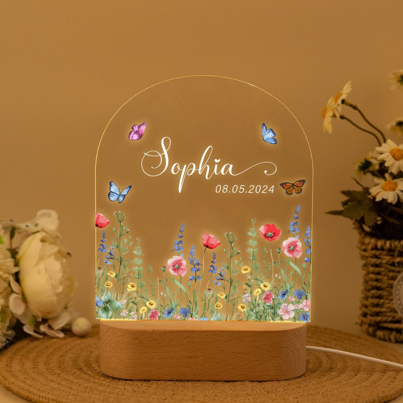 Personalized Name Night Lamp with Wildflower, Custom Baby Bedroom Led Lamp, Baby Shower Gift, Birthday Gift for Kids, Newborn Chirstmas Gift