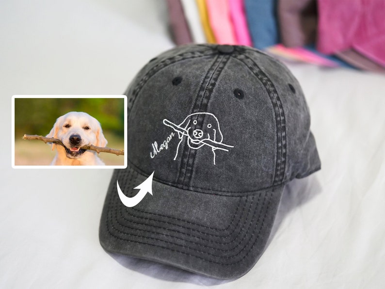 Custom Pet Outline Drawing Hat, Personalized Cat Dog Mom Dad Embroidered Baseball Cap, Pet Portrait Caps, Pet Lover Cap, Pet Memorial Gift