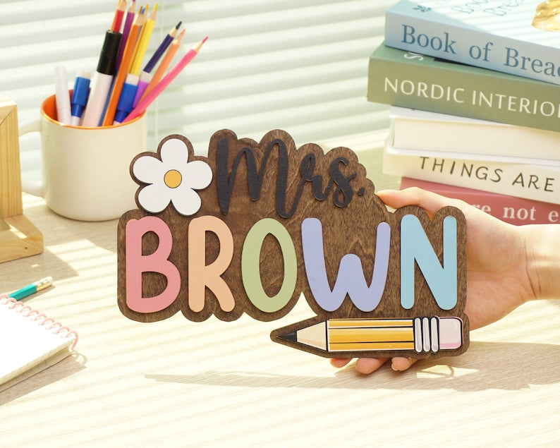 Custom 3D Teacher Door Sign, Personalised Name with Pencil Teacher Sign, Classroom Decor, Teacher Door Hanger, Teacher Back to School Sign