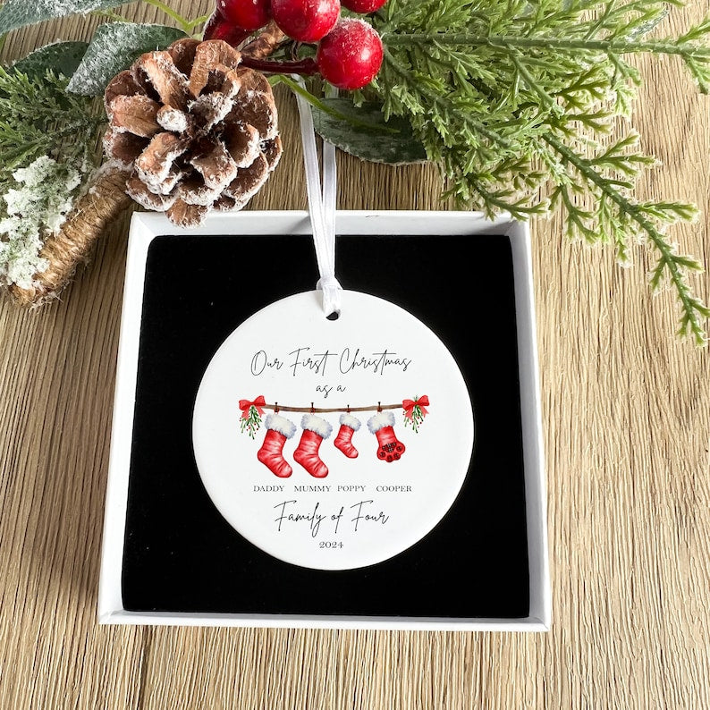 Personalised First Christmas as a Family of 4 Bauble, Baby First Christmas Tree Ornament, 1st Xmas Ornament