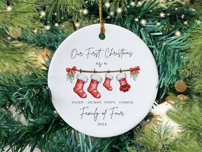 Personalised First Christmas as a Family of 4 Bauble, Baby First Christmas Tree Ornament, 1st Xmas Ornament