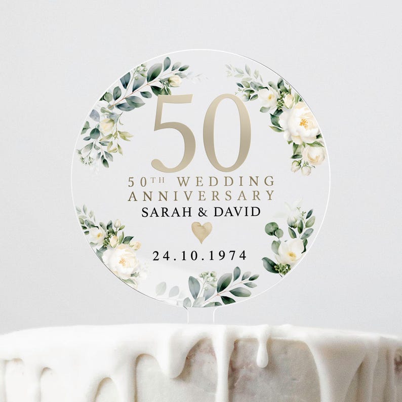 Personalised Anniversary Cake Topper, Ivory Floral Anniversary Cake Topper, 20th 25th 30th 40th 50th 60th Cake Topper, Cake Decorations