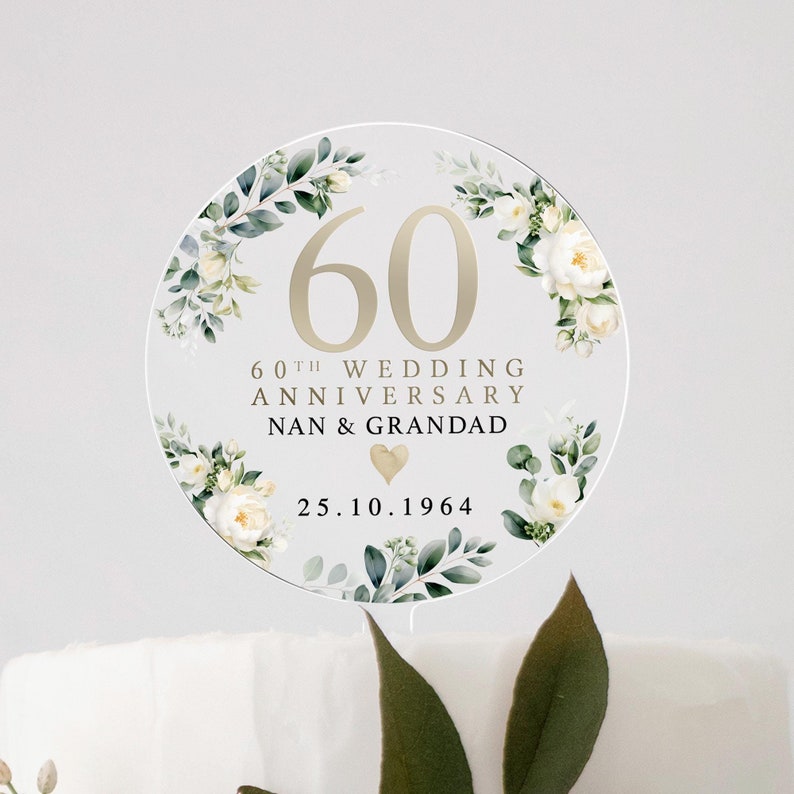 Personalised Anniversary Cake Topper, Ivory Floral Anniversary Cake Topper, 20th 25th 30th 40th 50th 60th Cake Topper, Cake Decorations