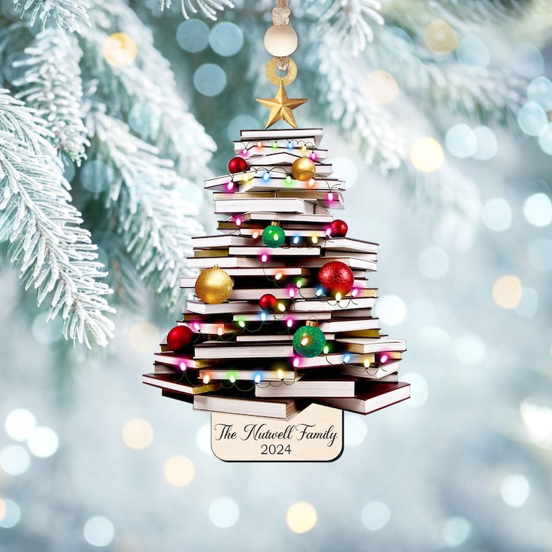 Personalized Gifts for Book Lover,Acrylic Tree Ornament Gift for Her Librarian,2024 Christmas Ornaments-Flat Printed Acrylic Ornament