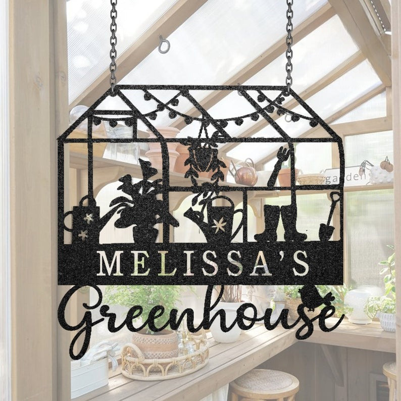 Custom Metal Greenhouse Sign, Personalized Hanging Garden Sign, BackYard Decor, Greenhouse Name Sign, Garden trowel, Conservatory Sign Gift