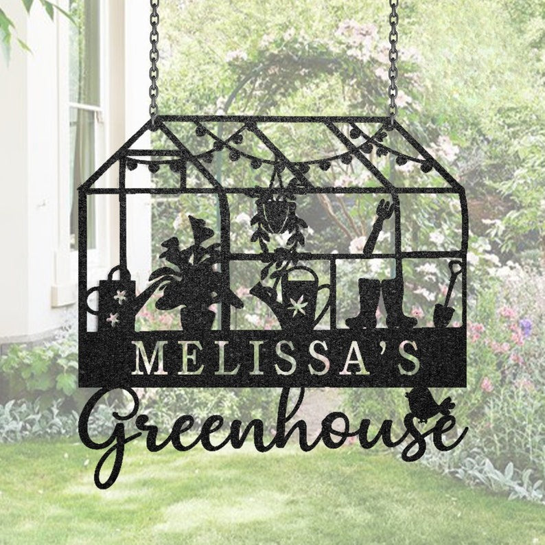 Custom Metal Greenhouse Sign, Personalized Hanging Garden Sign, BackYard Decor, Greenhouse Name Sign, Garden trowel, Conservatory Sign Gift