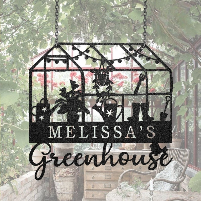 Custom Metal Greenhouse Sign, Personalized Hanging Garden Sign, BackYard Decor, Greenhouse Name Sign, Garden trowel, Conservatory Sign Gift