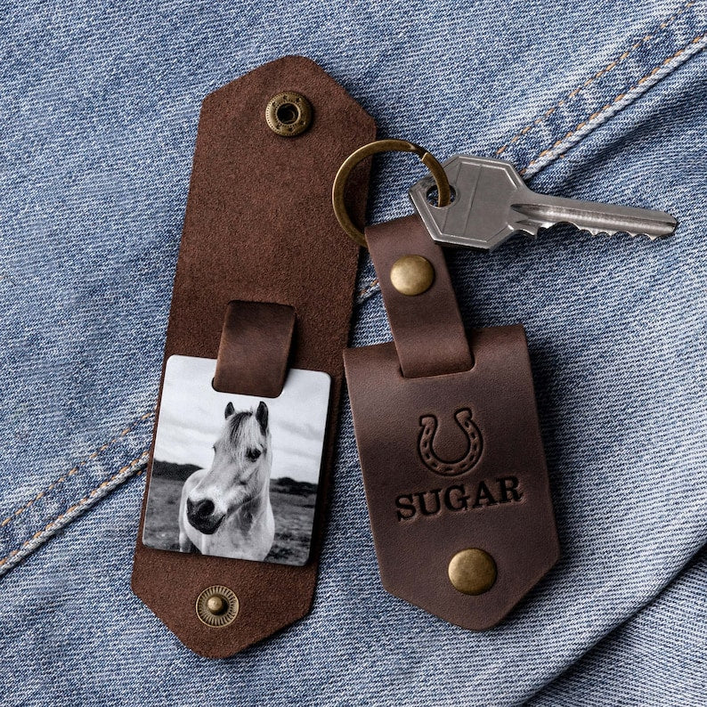 Personalized Horse Name Memorial Photo Keychain, Loss of Horse Keychain, Horseshoe Memorial Keychain