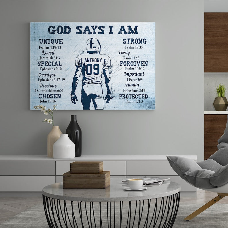Custom Football Canvas, God Say I Am Canvas, Wall Art For Living Room, Football Gifts For Men, Gifts For Boys, Personalized Football Gifts