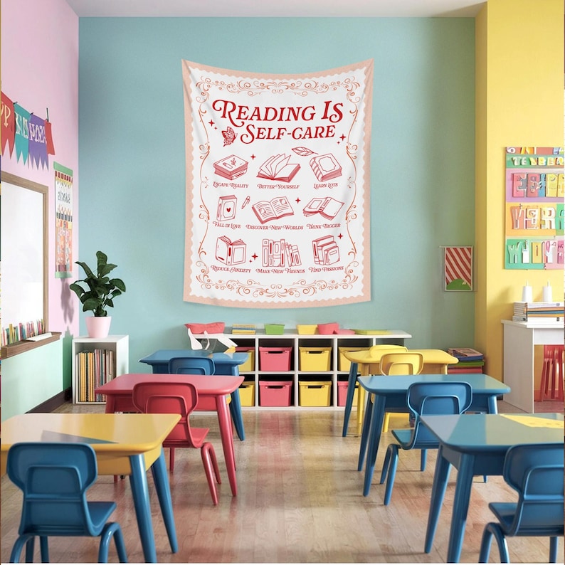 Reading Is Self Care Classroom Decor, Book Lover Gift, Classroom Tapestry, Groovy Classroom Banner,Reading Teacher Gift,Teacher Appreciation