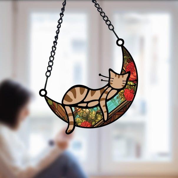 Sleeping Cat on Moon Cat Memorial Suncatcher Loss of Pet Sympathy Gift Handmade Name Cat Ornament Cat Lovers Gifts Cat Passing Remembrance