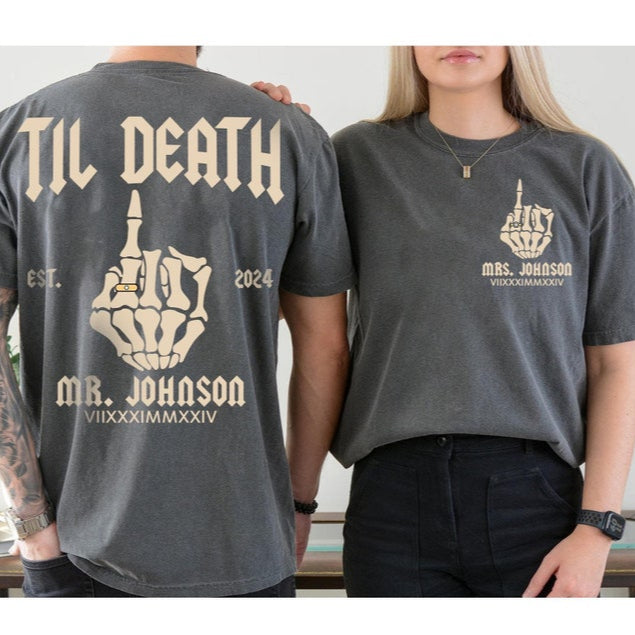 Custom Bride & Groom Shirts, Funny Wedding Gift, Newlywed Couples Til Death Married Honeymoon Shirt, Matching Husband and Wife, Mr Mrs Tees