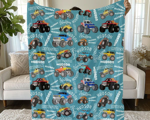 Personalized Monster Trucks Blanket, Birthday Gift for Baby Boys, Custom Gift for Newborn Baby, Baby Boy Bedding Gift, Toddler Boy Blanket