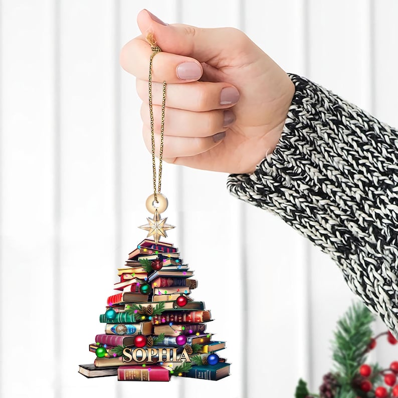 Personalized Christmas Book Tree Name Ornament, Custom Bookish Ornament, Book Club Ornament, Librarian Gift, Book Lover Gift, Bookworm Gifts