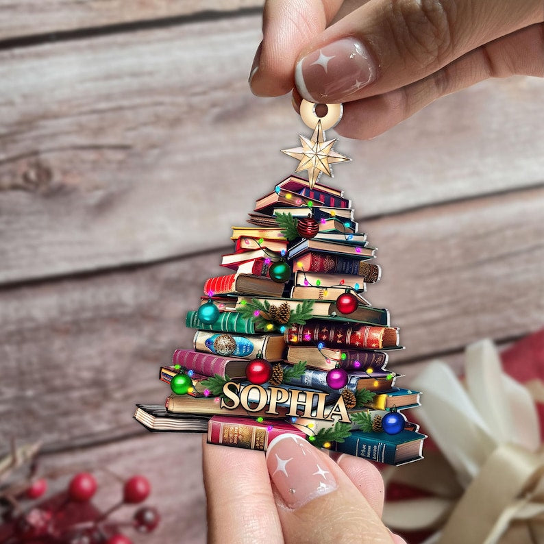Personalized Christmas Book Tree Name Ornament, Custom Bookish Ornament, Book Club Ornament, Librarian Gift, Book Lover Gift, Bookworm Gifts