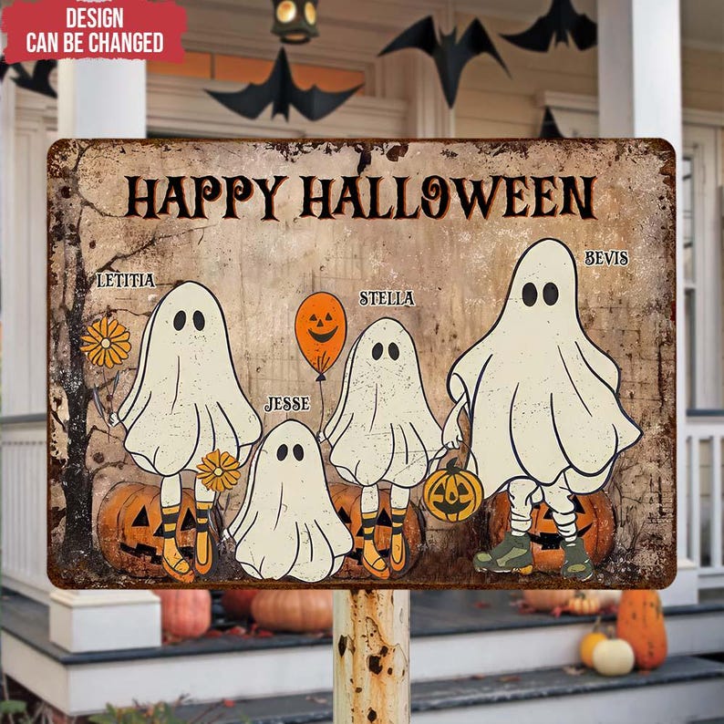 Custom Happy Halloween Ghost Family - Personalized Metal Sign, Halloween Gift For Family, Halloween Decor, Halloween Family Yard Sign