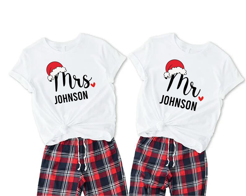 Christmas Couple shirt, Christmas Mr and Mrs shirt,Xmas Husband and Wife Tees,Holiday Matching Couple Pajamas Shirt,Mrs Mr. Santa Hat Tshirt