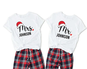 Christmas Couple shirt, Christmas Mr and Mrs shirt,Xmas Husband and Wife Tees,Holiday Matching Couple Pajamas Shirt,Mrs Mr. Santa Hat Tshirt