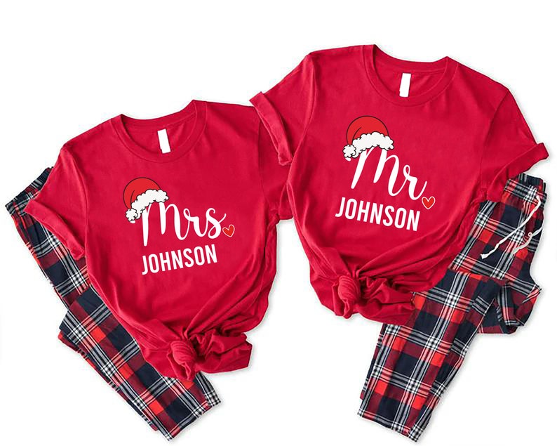 Christmas Couple shirt, Christmas Mr and Mrs shirt,Xmas Husband and Wife Tees,Holiday Matching Couple Pajamas Shirt,Mrs Mr. Santa Hat Tshirt