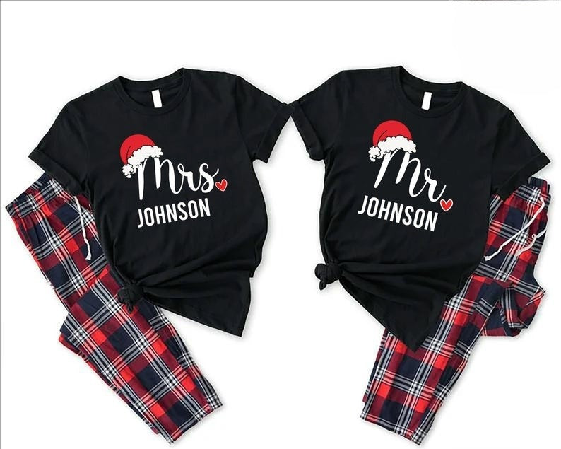 Christmas Couple shirt, Christmas Mr and Mrs shirt,Xmas Husband and Wife Tees,Holiday Matching Couple Pajamas Shirt,Mrs Mr. Santa Hat Tshirt