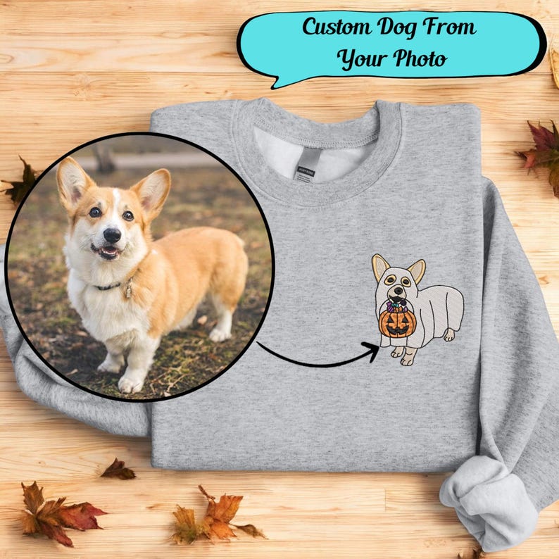 Embroidered Halloween Custom Dog From Your Photo Sweatshirt Crewneck Halloween Dog Shirt Ghost Dog Halloween Hoodie Sweater Spooky Dog