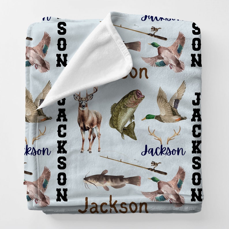 Personalized Name Hunting Fishing Blanket | Toddler Bass Whitetail Deer Catfish Duck Plush Blanket | Cuddly Kid Blanket | Baby Shower Gift